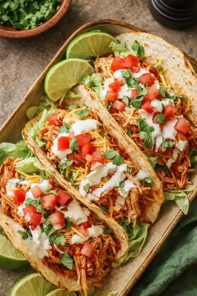 Classic Crockpot Chicken Tacos 2 Classic crockpot chicken tacos served with fresh toppings and lime wedges