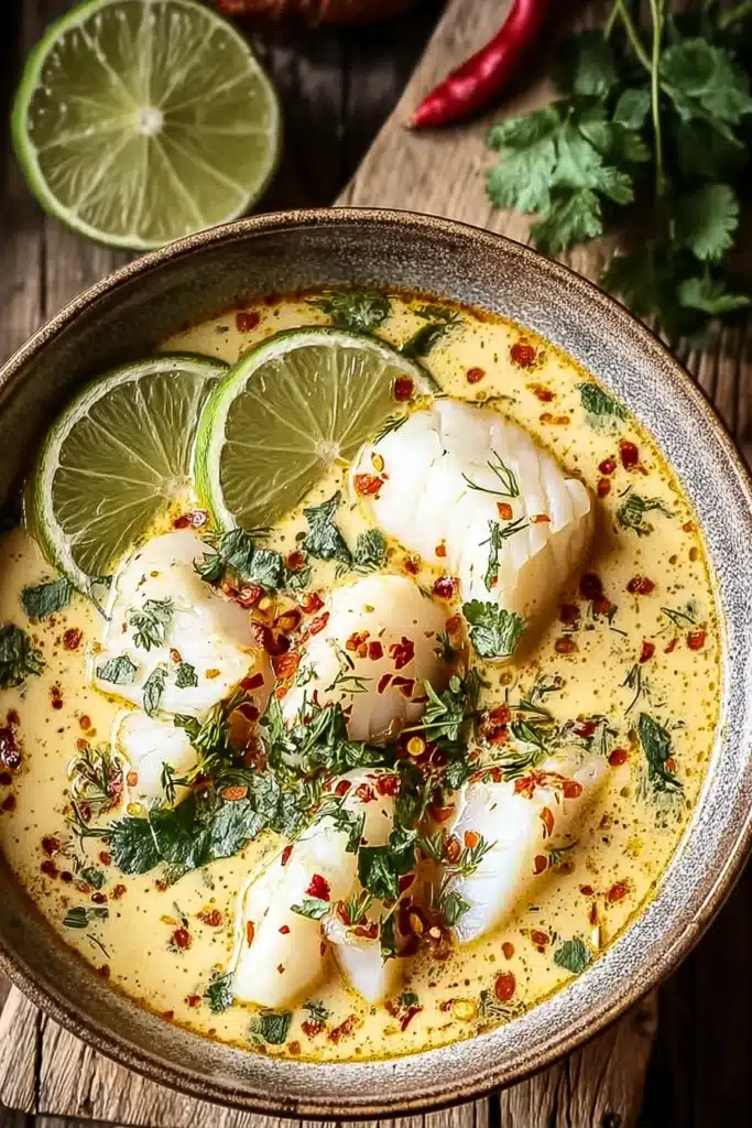 Coconut Lime Fish Soup with chili, herbs, and lime in creamy coconut broth