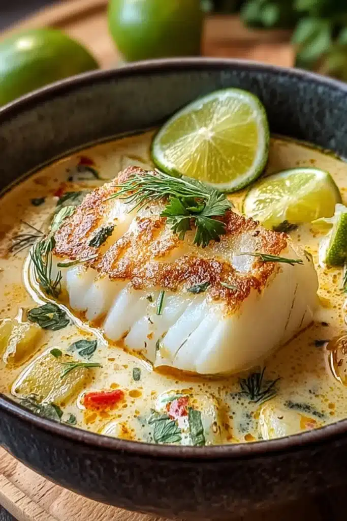 Coconut lime fish soup with seared white fish in creamy broth and herbs