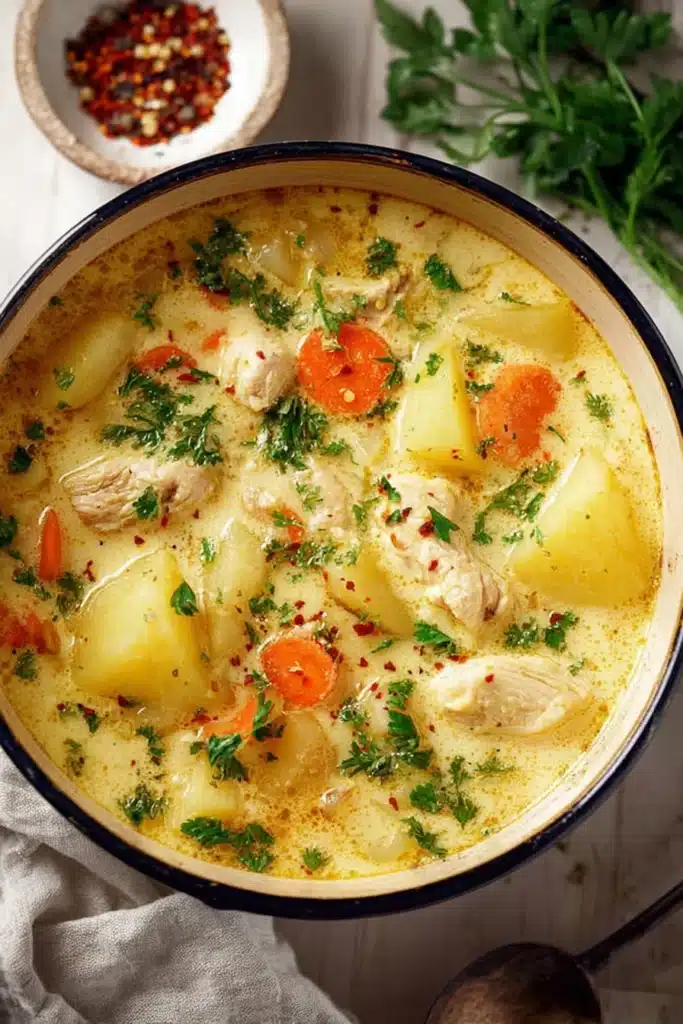 Comforting Chicken Soup with Potatoes 1 Creamy chicken soup with potatoes and carrots in a white pot