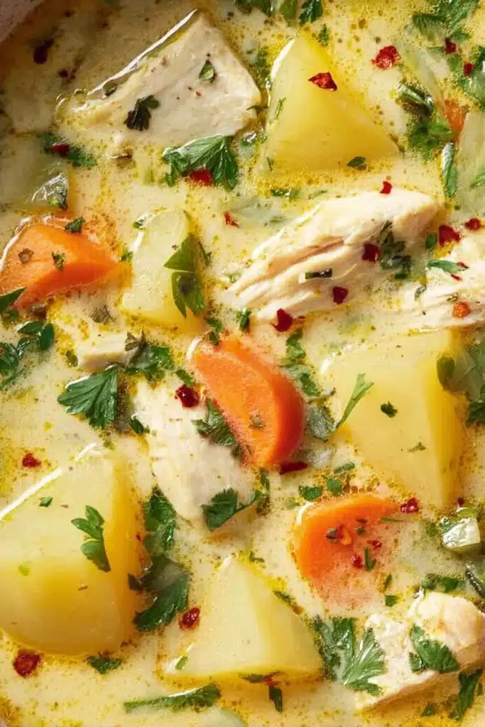 Comforting Chicken Soup with Potatoes 3 Creamy comforting chicken soup with potatoes and carrots in a red bowl