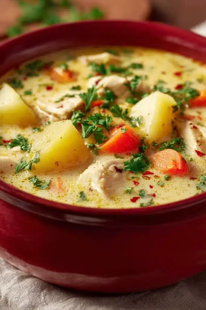 Comforting Chicken Soup with Potatoes 2 Creamy comforting chicken soup with potatoes and carrots in a red bowl
