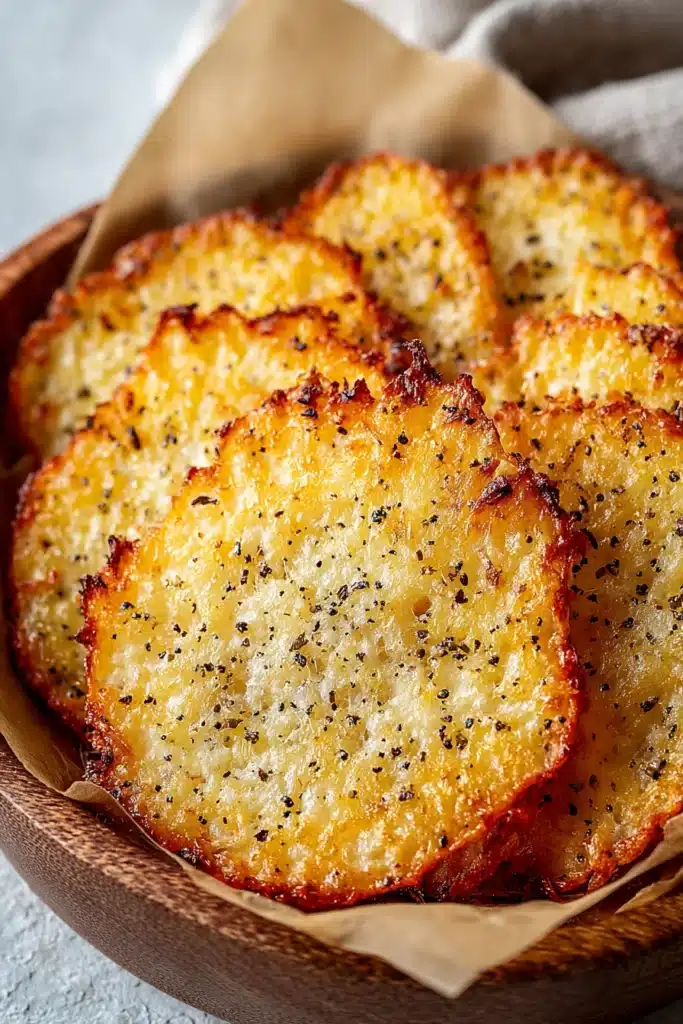 Cottage Cheese Chips: Crispy High-Protein Snack Made in the Oven 1 Crispy golden-brown cottage cheese chips in a wooden bowl with parchment paper