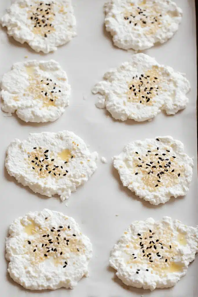 Cottage Cheese Chips: Crispy High-Protein Snack Made in the Oven 3 Unbaked cottage cheese chips with sesame seeds on parchment paper