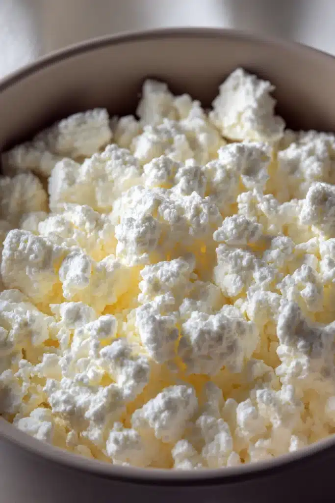 Cottage Cheese Chips: Crispy High-Protein Snack Made in the Oven 2 Fresh cottage cheese curds in a ceramic bowl for high-protein chips recipe
