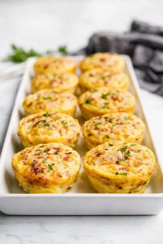 Cottage Cheese Egg Bites 1 Golden cottage cheese egg bites with bacon and herbs in a white baking dish