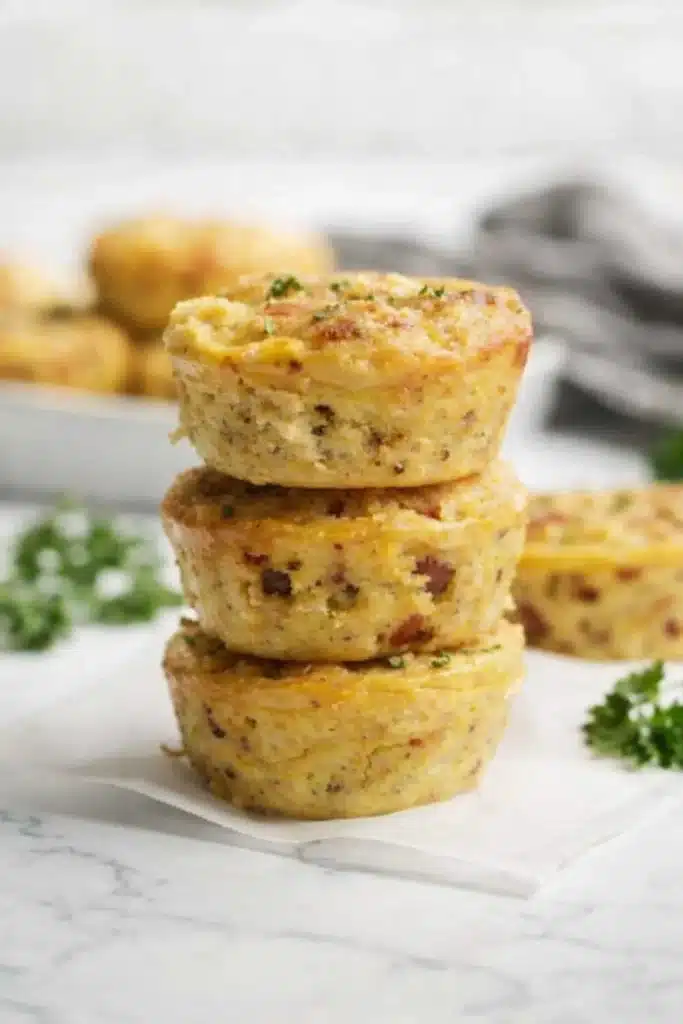 Cottage Cheese Egg Bites 3 Stack of golden cottage cheese egg bites with bacon on white parchment