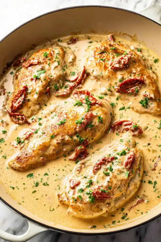 Creamy Cajun Chicken (Easy One-Pan Dinner with Rich, Bold Flavor) 1 Creamy Cajun chicken in a skillet with sun-dried tomatoes and creamy sauce