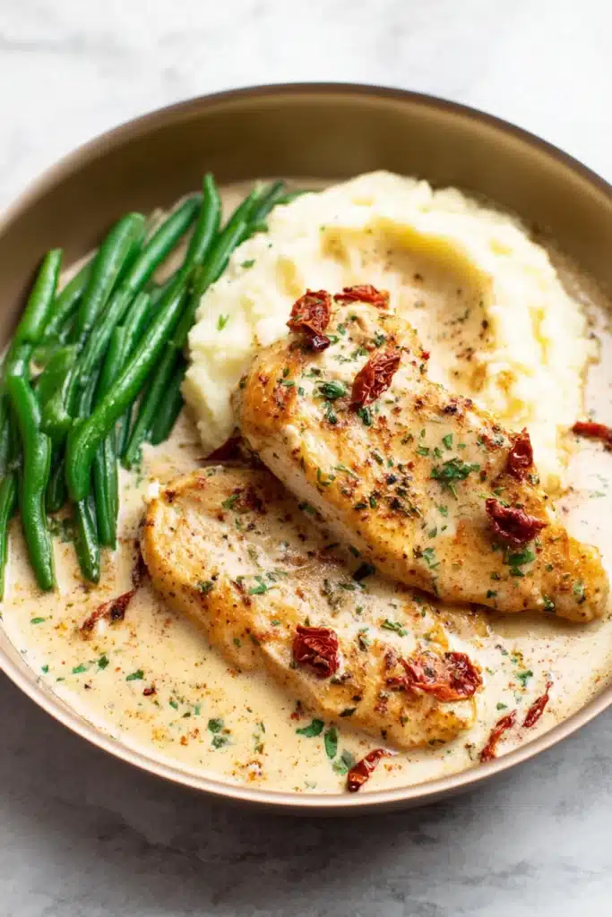 Creamy Cajun Chicken (Easy One-Pan Dinner with Rich, Bold Flavor) 3 Creamy Cajun chicken with mashed potatoes and green beans on a plate