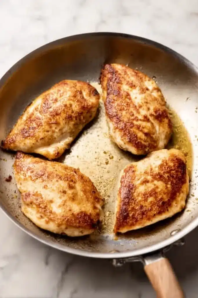 Creamy Cajun Chicken (Easy One-Pan Dinner with Rich, Bold Flavor) 2 Golden seared chicken breasts in skillet for creamy Cajun chicken recipe
