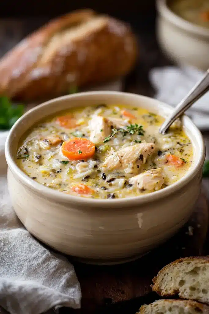 Creamy chicken and wild rice soup in a bowl with carrots and bread