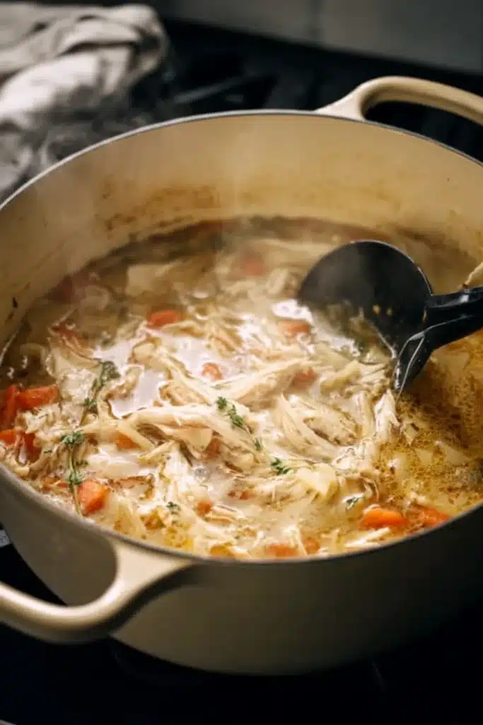 Simmering chicken, carrots, and broth in Dutch oven for creamy chicken tortilla soup