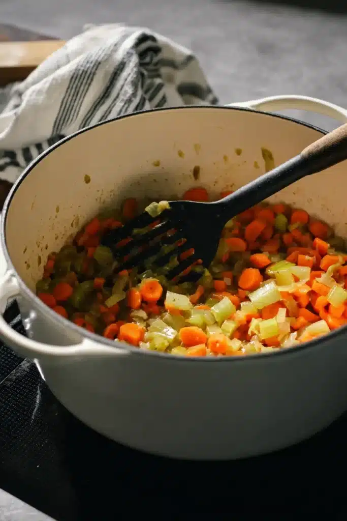 Sautéed carrots, celery, and onions in a Dutch oven for creamy chicken tortilla soup