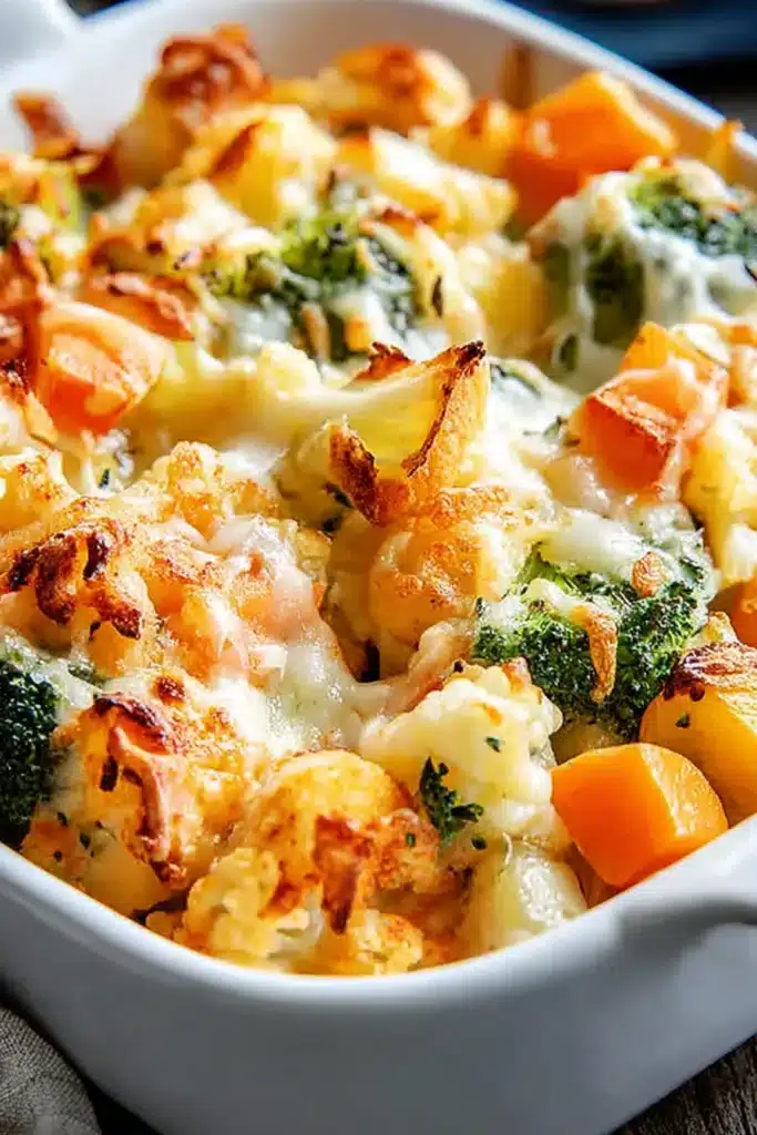 Cheesy creamy vegetable casserole with broccoli, carrots, and cauliflower in a white baking dish