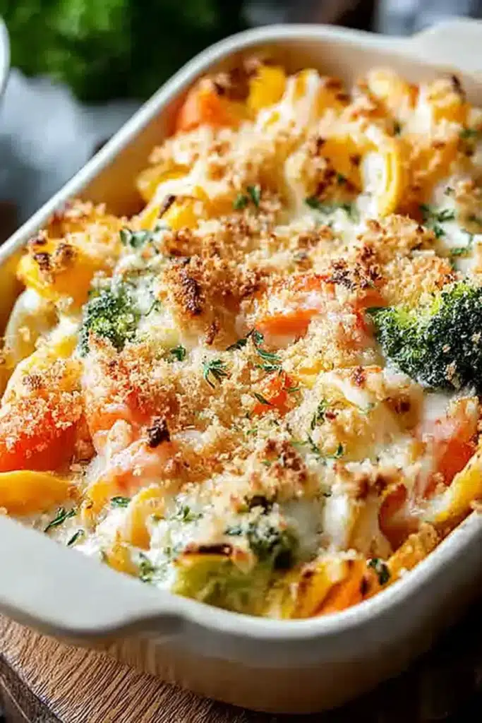 Cheesy creamy vegetable casserole baked with broccoli, carrots, and golden breadcrumbs
