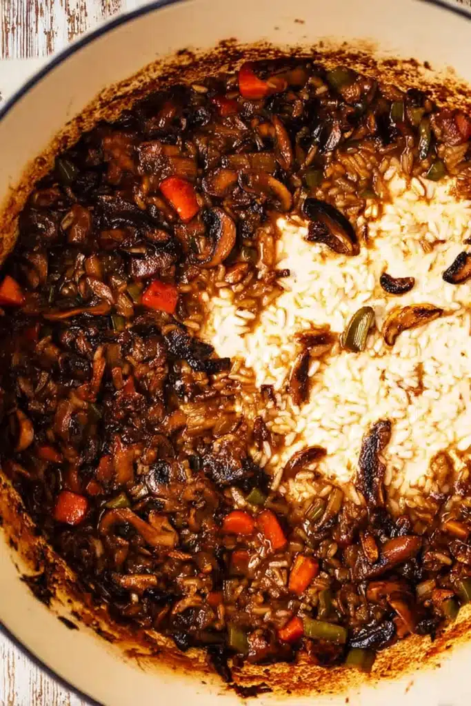 Creamy Wild Rice and Mushroom Soup That’s Rich, Cozy, and Packed With Deep Savory Flavor 4 Caramelized mushrooms and vegetables in a pot before deglazing
