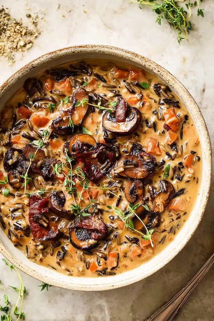 Creamy Wild Rice and Mushroom Soup That’s Rich, Cozy, and Packed With Deep Savory Flavor 5 Creamy wild rice and mushroom soup with herbs in a rustic bowl