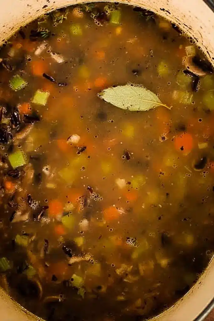 Creamy Wild Rice and Mushroom Soup That’s Rich, Cozy, and Packed With Deep Savory Flavor 3 Simmering wild rice and mushroom soup with carrots and celery