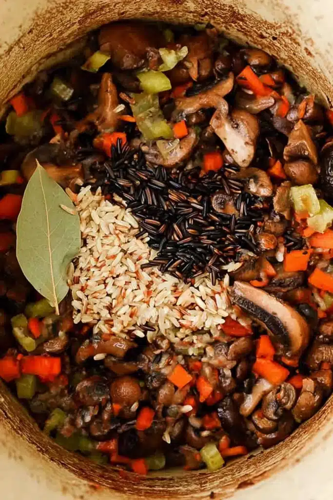 Creamy Wild Rice and Mushroom Soup That’s Rich, Cozy, and Packed With Deep Savory Flavor 2 Wild rice, mushrooms, carrots, and celery in a pot for creamy soup
