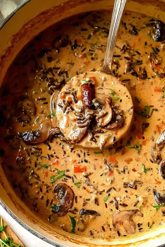 Creamy Wild Rice and Mushroom Soup That’s Rich, Cozy, and Packed With Deep Savory Flavor 1 Creamy wild rice and mushroom soup in a pot with a ladle