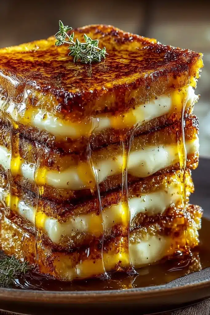 Crème Brûlée French Toast 1 Crème Brûlée French Toast stack dripping with syrup on a plate