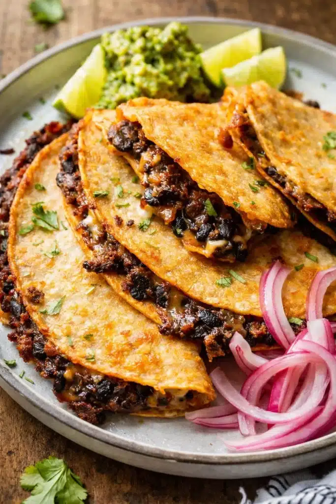 Crispy Black Bean Tacos (Vegetarian, Easily Vegan) 1 Crispy black bean tacos with cheese, guacamole, and pickled onions on a plate