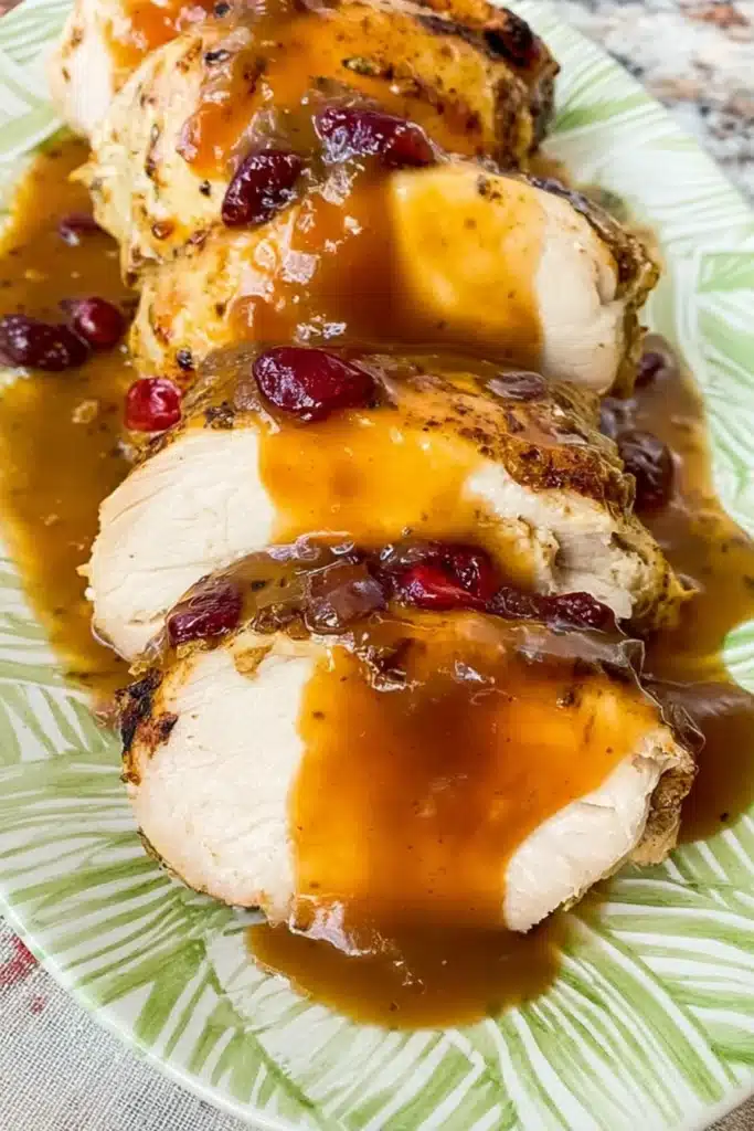 Crock Pot Turkey Breast with Cranberry 1 Sliced crock pot turkey breast with cranberry gravy served on a plate