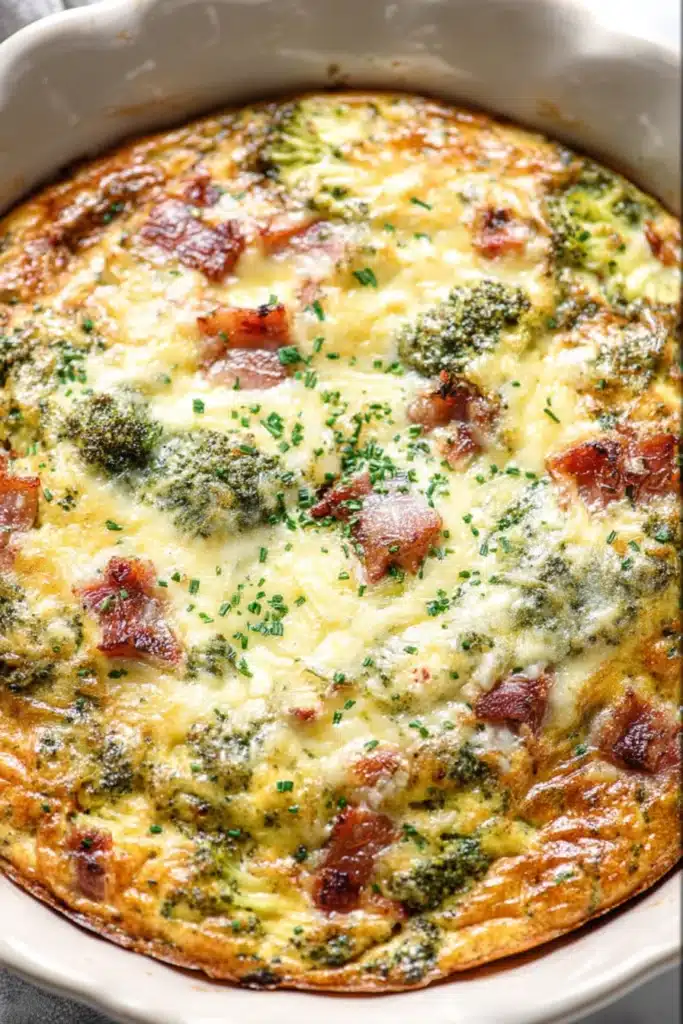 Crustless quiche with broccoli, bacon, and cheese in a ceramic dish