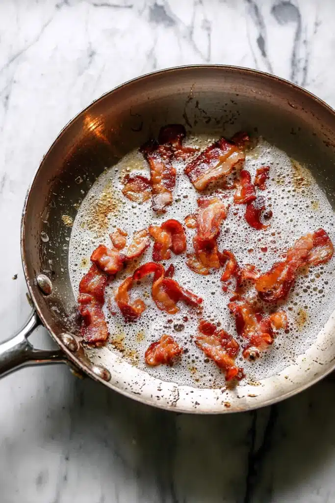 Crispy bacon cooking in skillet for crustless quiche