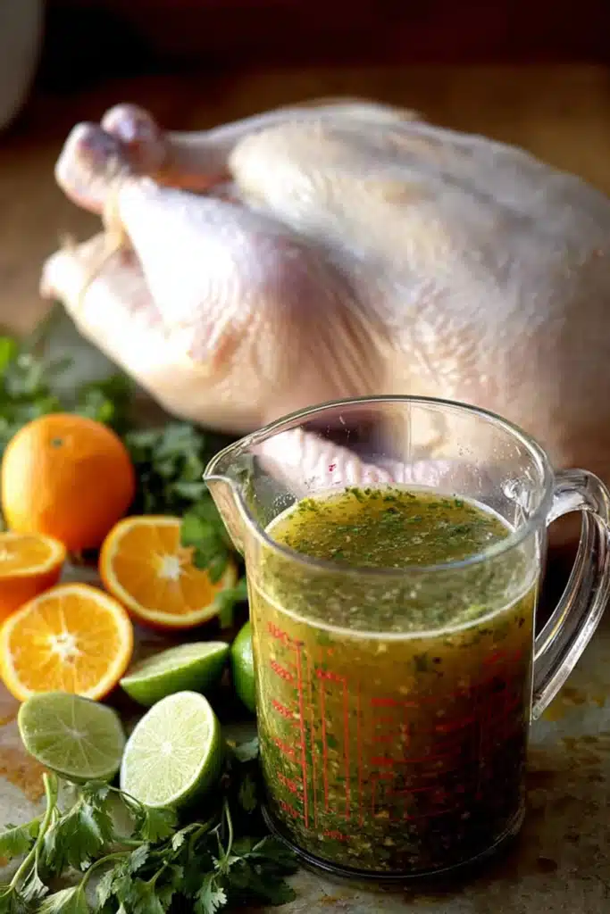 Glass cup of Cuban mojo marinade beside raw chicken and citrus slices