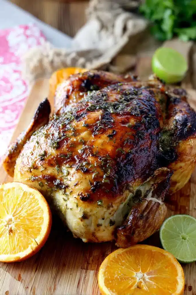 Golden roasted Cuban mojo chicken with citrus wedges on a rustic board