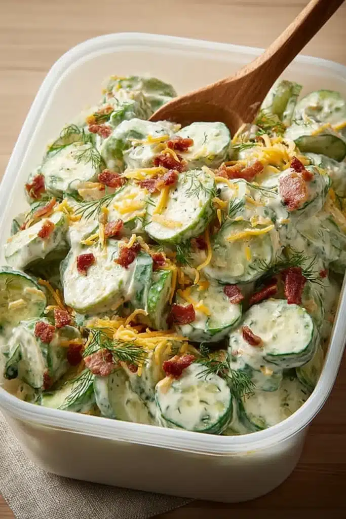 Creamy cucumber snack with bacon, cheese, and herbs in white bowl