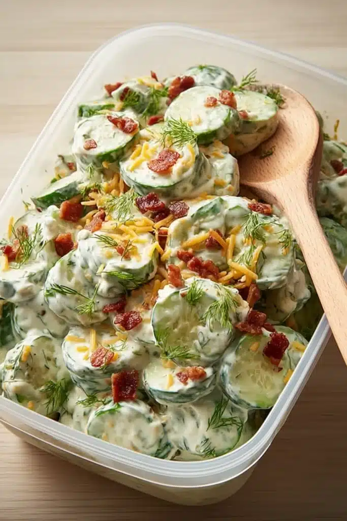 Creamy cucumber snack salad with bacon, cheddar, and herbs in a white bowl