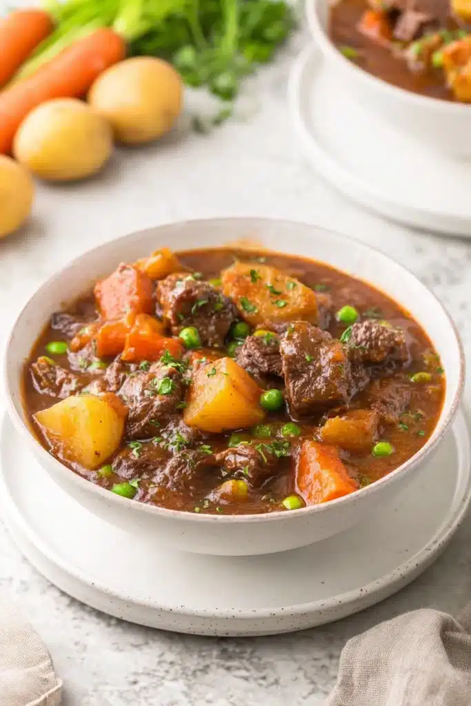 Hearty Dutch oven beef stew with carrots, potatoes, and peas in a white bowl
