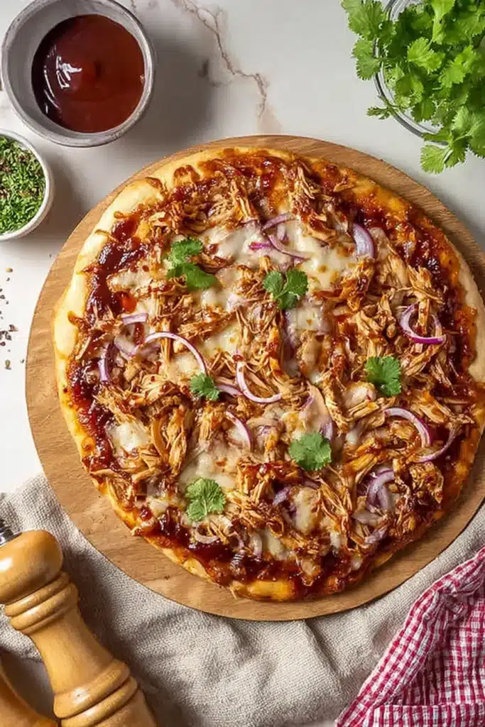 Top-down view of homemade easy BBQ chicken pizza with red onions and cilantro