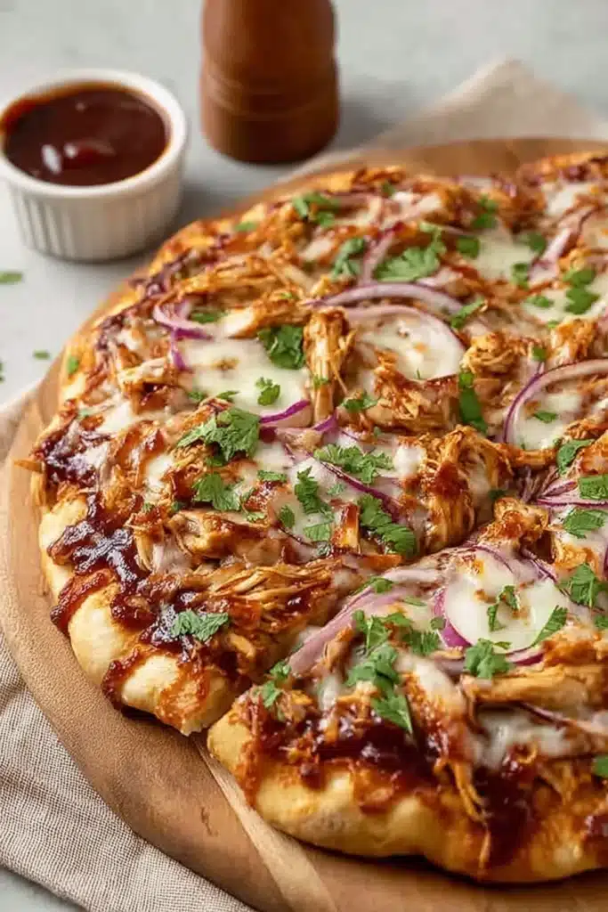 Homemade BBQ chicken pizza topped with melted cheese, red onions, and fresh cilantro