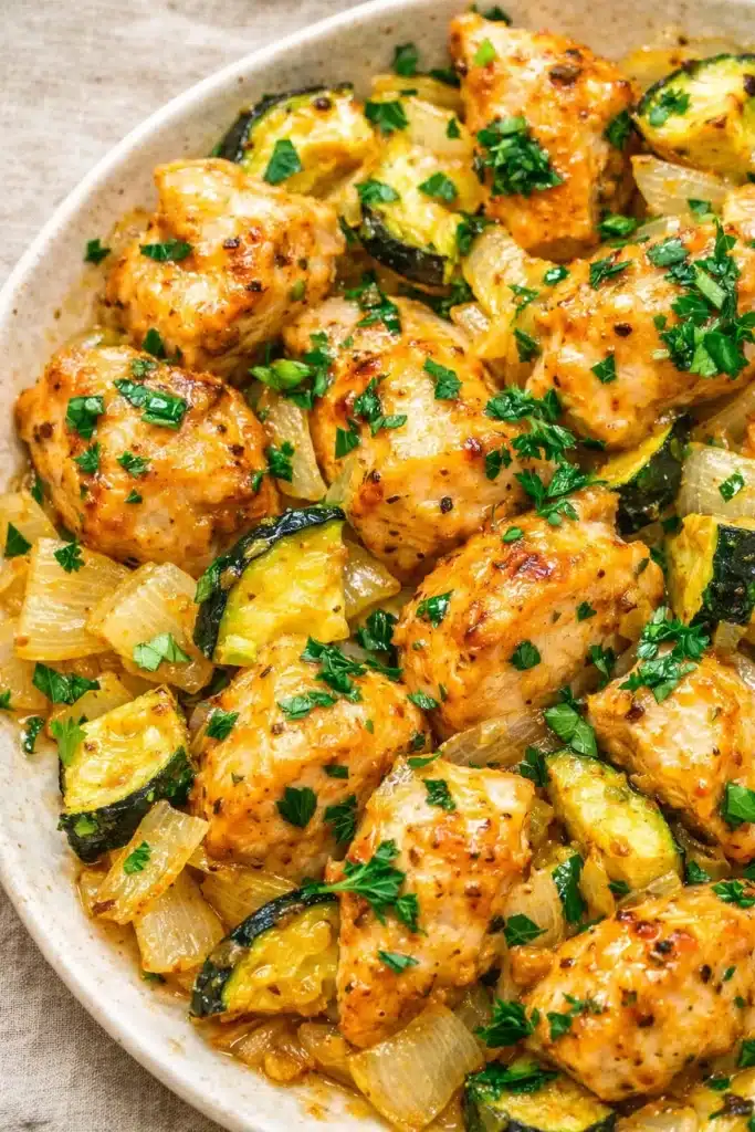 Easy Baked Chicken and Zucchini (Dinner Recipe That’s Fast, Healthy, and One-Dish) 4 Close-up of baked chicken and zucchini with herbs and onions