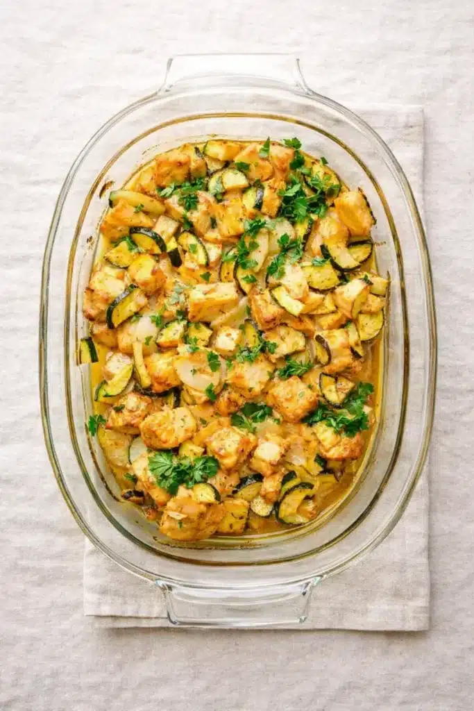 Easy Baked Chicken and Zucchini (Dinner Recipe That’s Fast, Healthy, and One-Dish) 3 Easy baked chicken and zucchini casserole in a glass dish with herbs