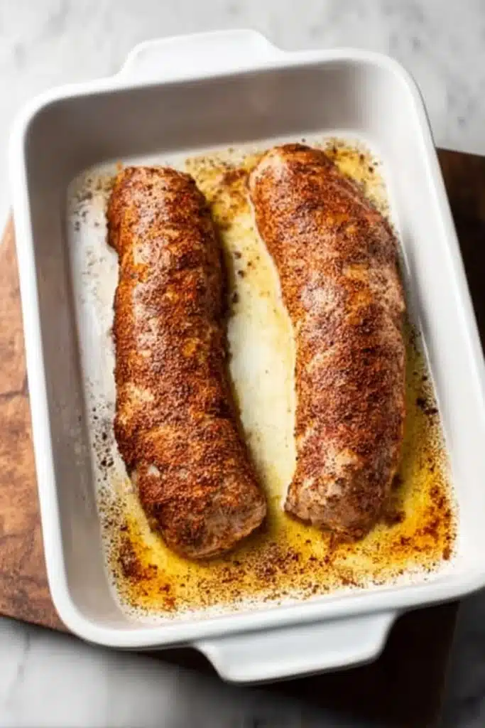 Easy baked pork tenderloins with spice crust in white baking dish