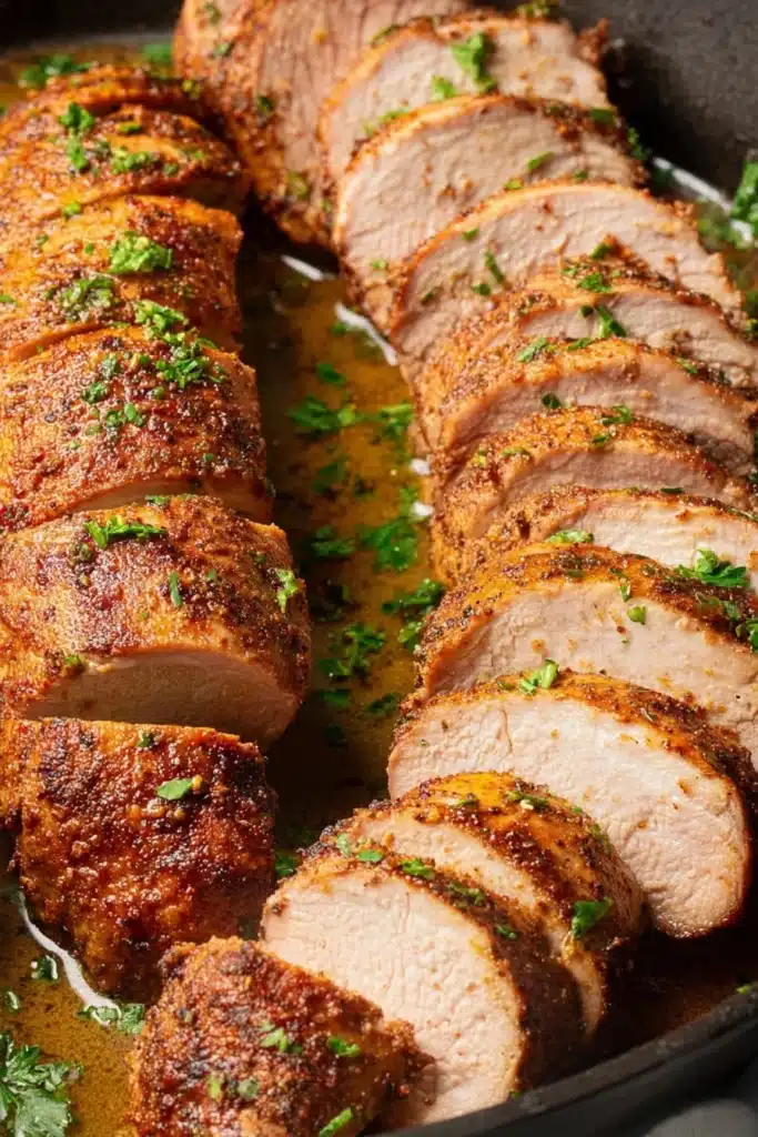Juicy baked pork tenderloin slices with golden crust and parsley garnish in skillet