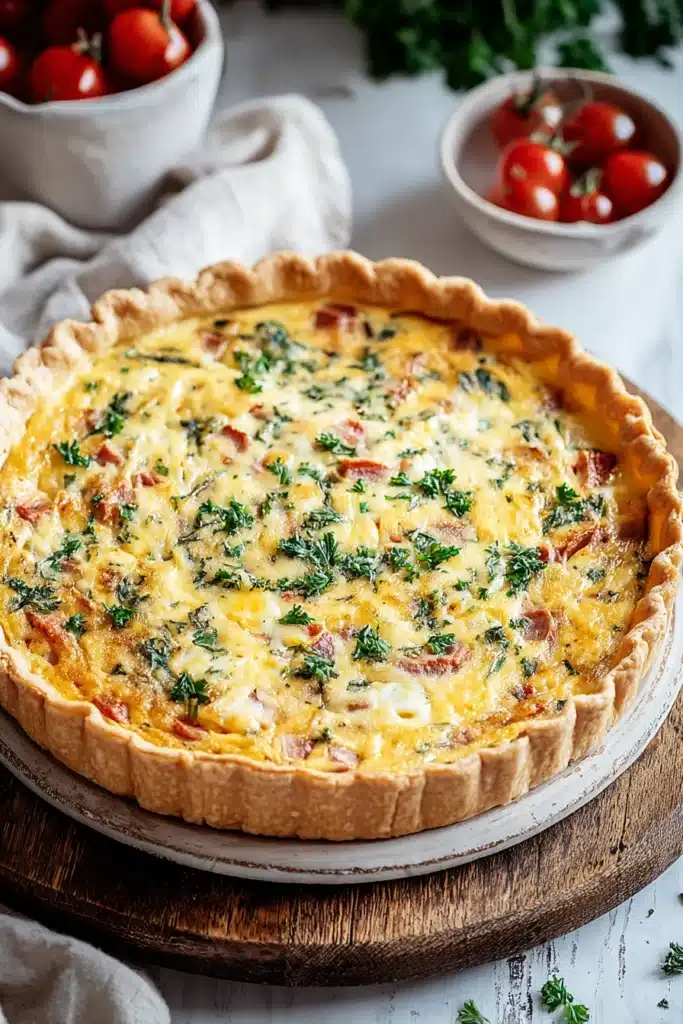 Easy Breakfast Quiche 1 Golden breakfast quiche with cheese, herbs, and vegetables on a rustic table
