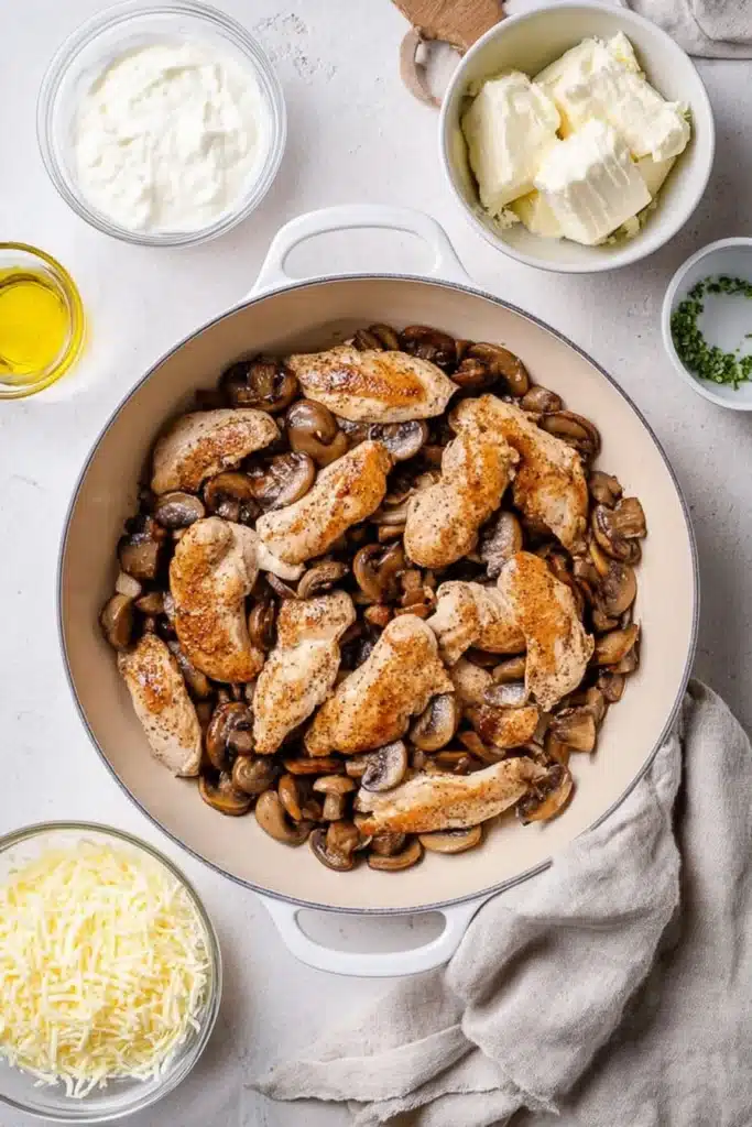 Golden seared chicken and mushrooms in skillet for Easy Cream Cheese Chicken