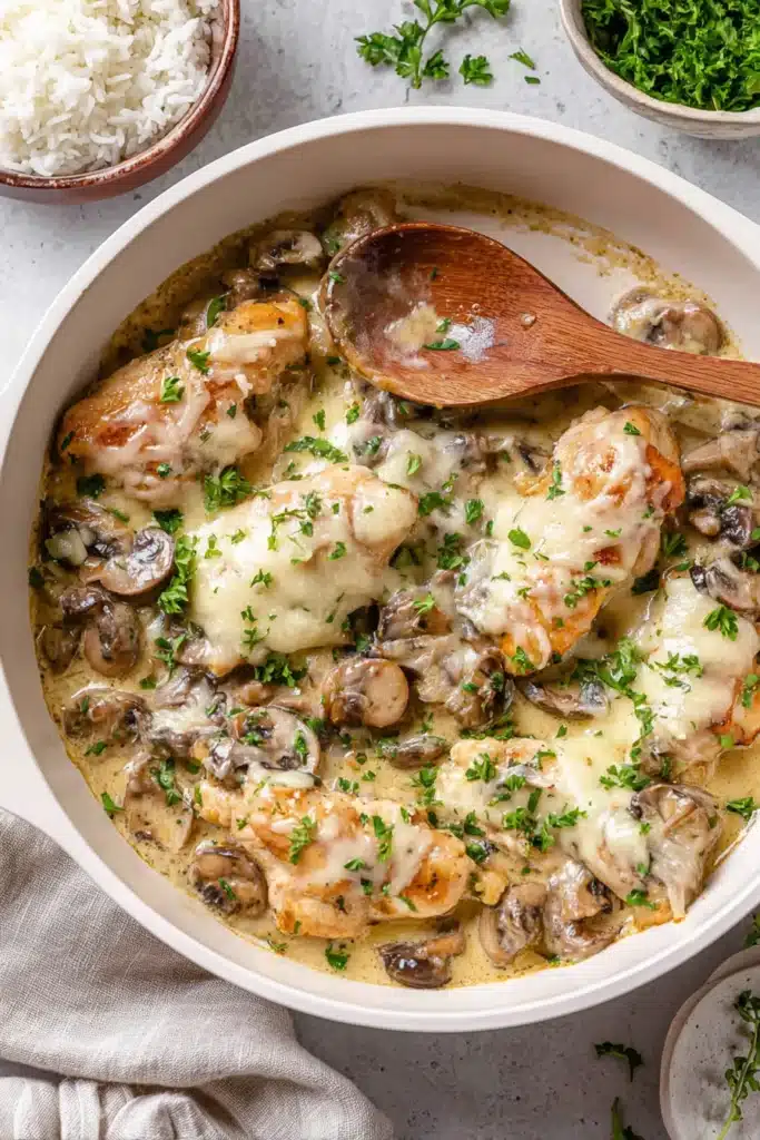 Creamy chicken with mushrooms and parsley in a white skillet