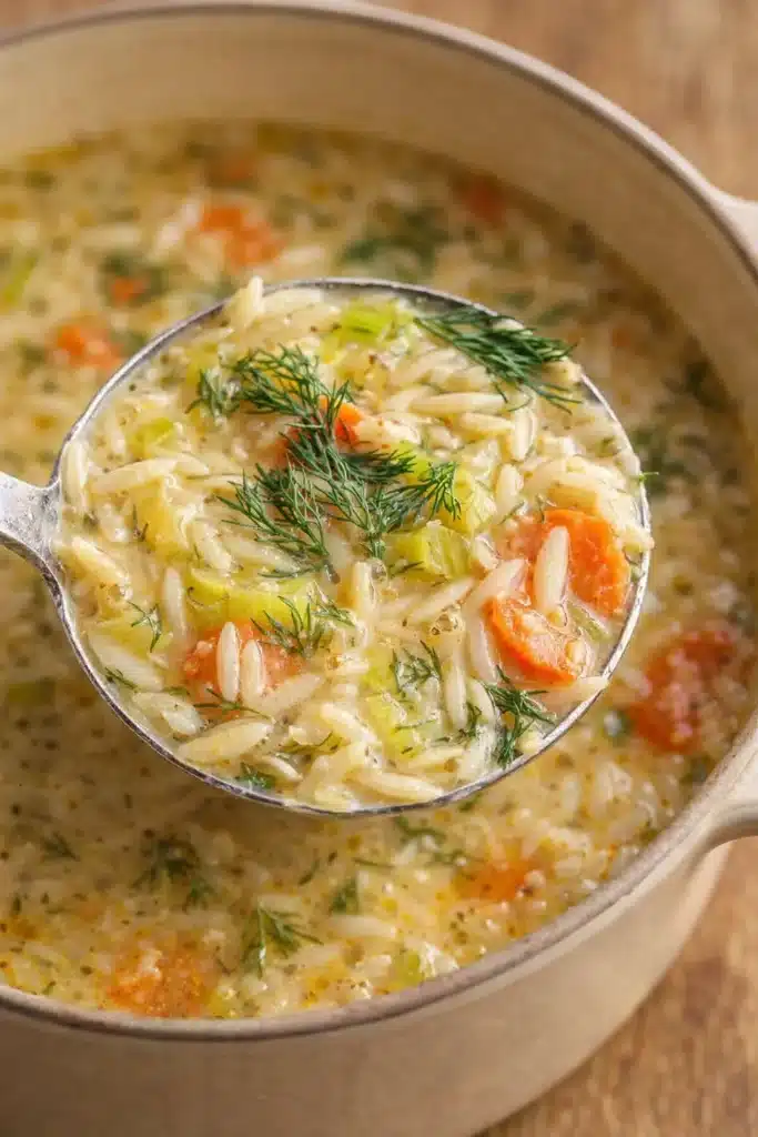 Easy Orzo, Leek and Dill Soup (Light, Cozy & Ready in 40 Minutes) 2 Ladle lifting easy orzo, leek and dill soup from pot
