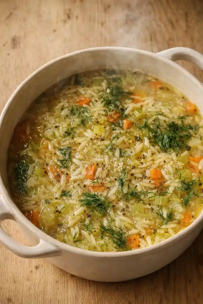 Easy Orzo, Leek and Dill Soup (Light, Cozy & Ready in 40 Minutes) 1 Cozy bowl of easy orzo, leek and dill soup with carrots and herbs