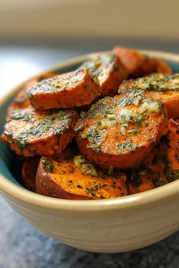 Flavorful Crispy Sweet Potato Bites 2 Crispy sweet potato bites with garlic herb butter in ceramic bowl