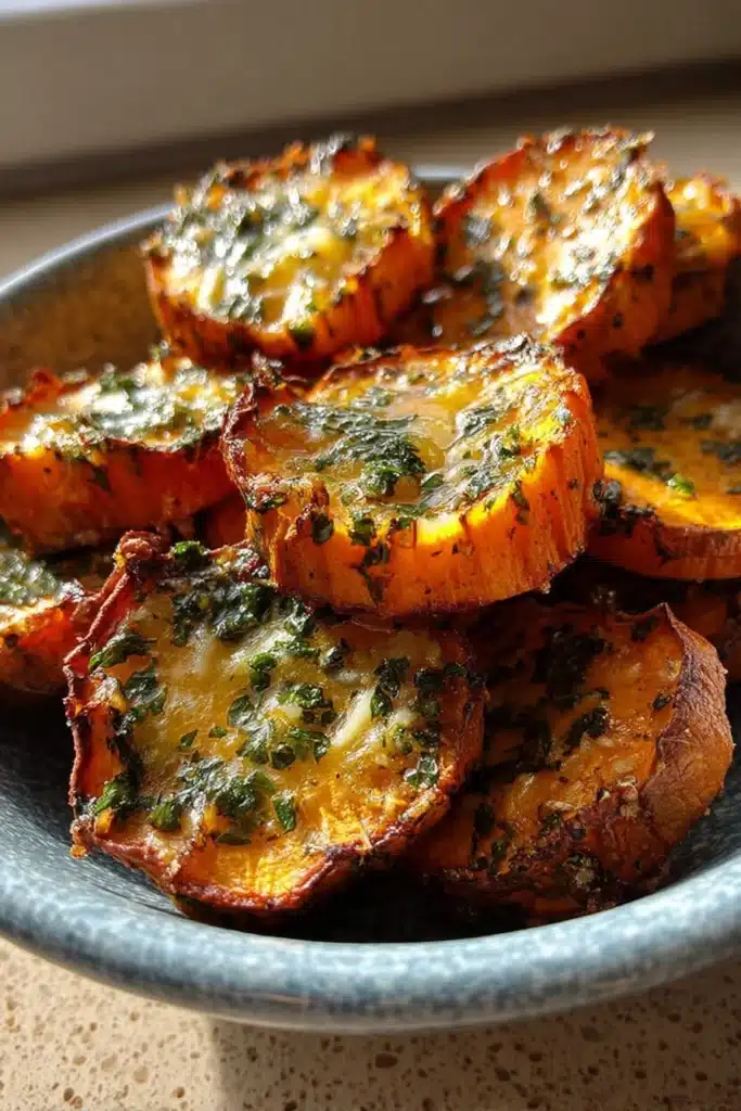 Flavorful Crispy Sweet Potato Bites 1 Flavorful Crispy Sweet Potato Bites rounds with garlic herb butter in a ceramic bowl