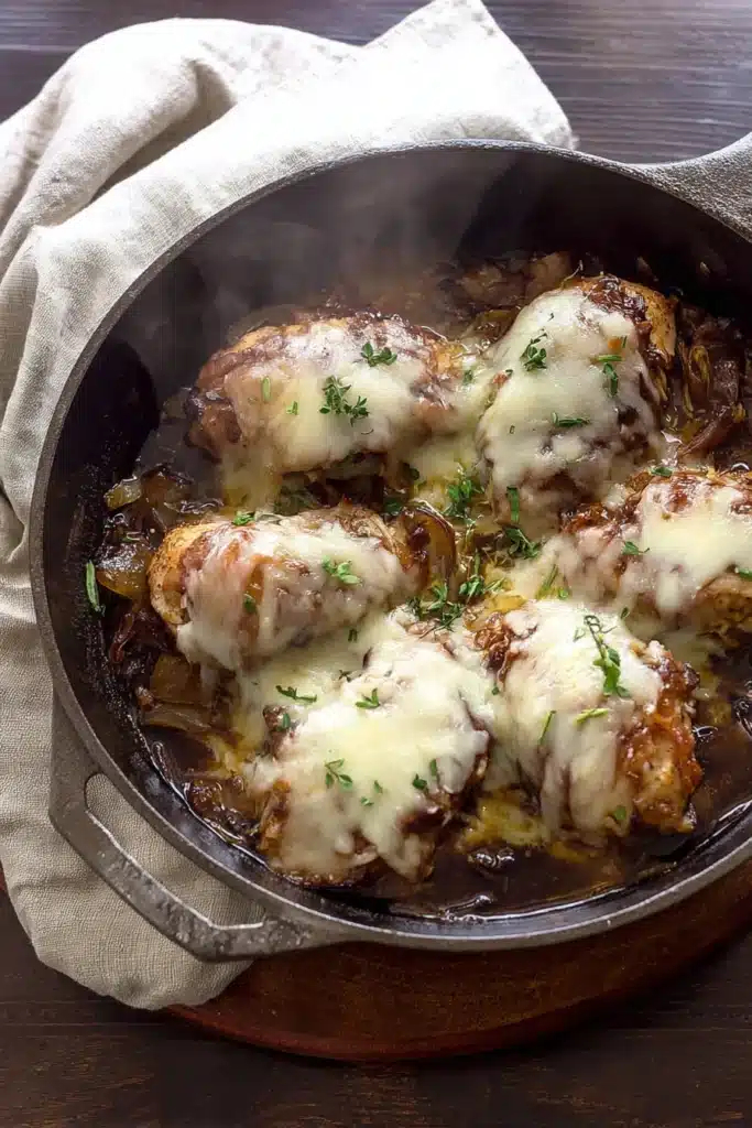 French Onion Chicken 1 Skillet of French Onion Chicken topped with melted cheese and herbs