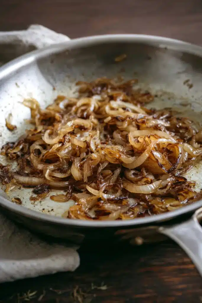 French Onion Chicken 3 Golden caramelized onions in skillet for French Onion Chicken recipe