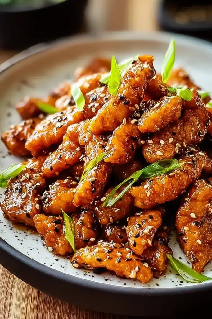 Ginger Chicken: Easy 30-Minute Flavor-Packed Chicken Recipe 3 Ginger chicken with sesame seeds and green onions on a speckled plate